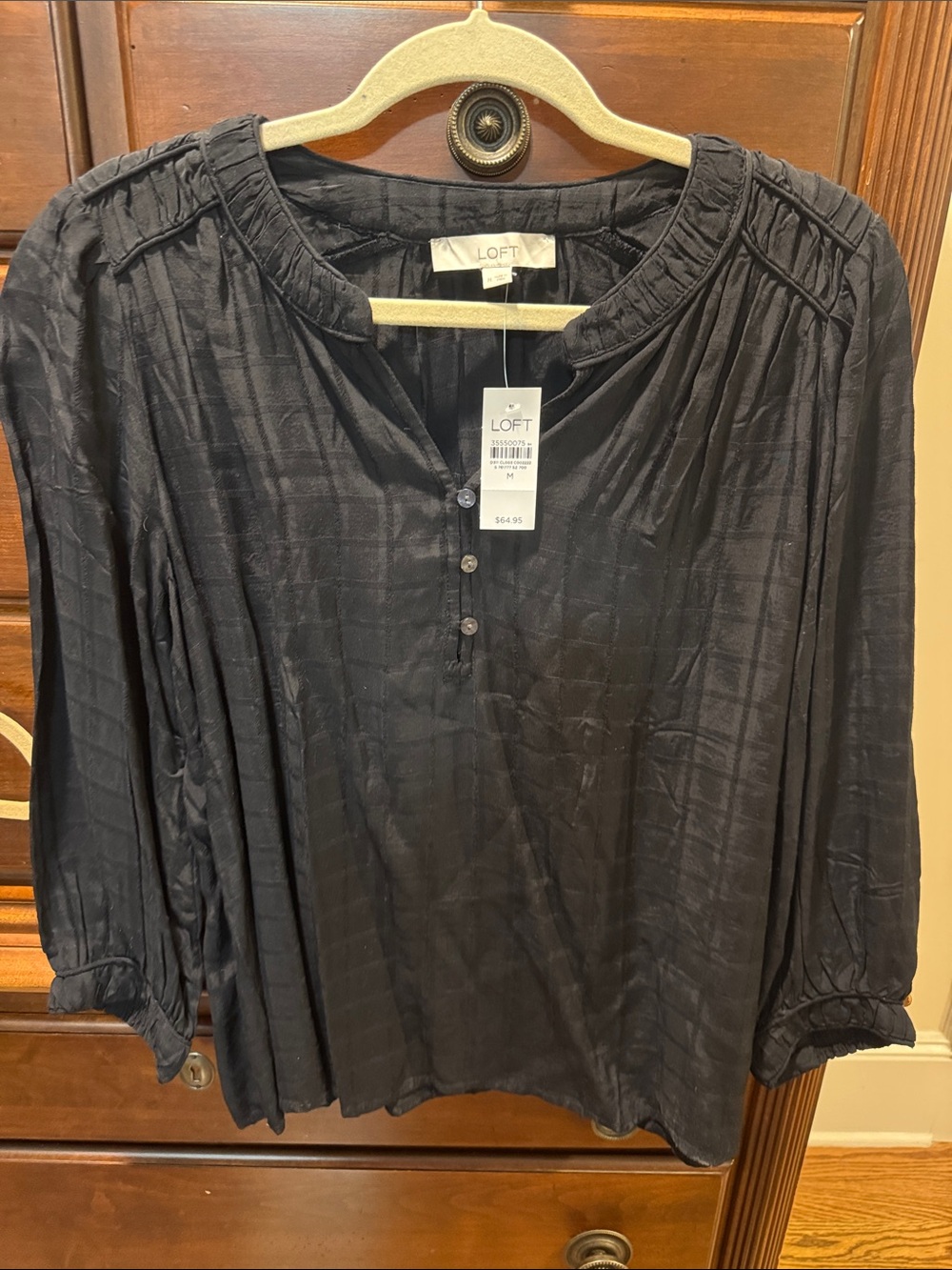 LOFT Black Pleated Yoke Button-Front Blouse